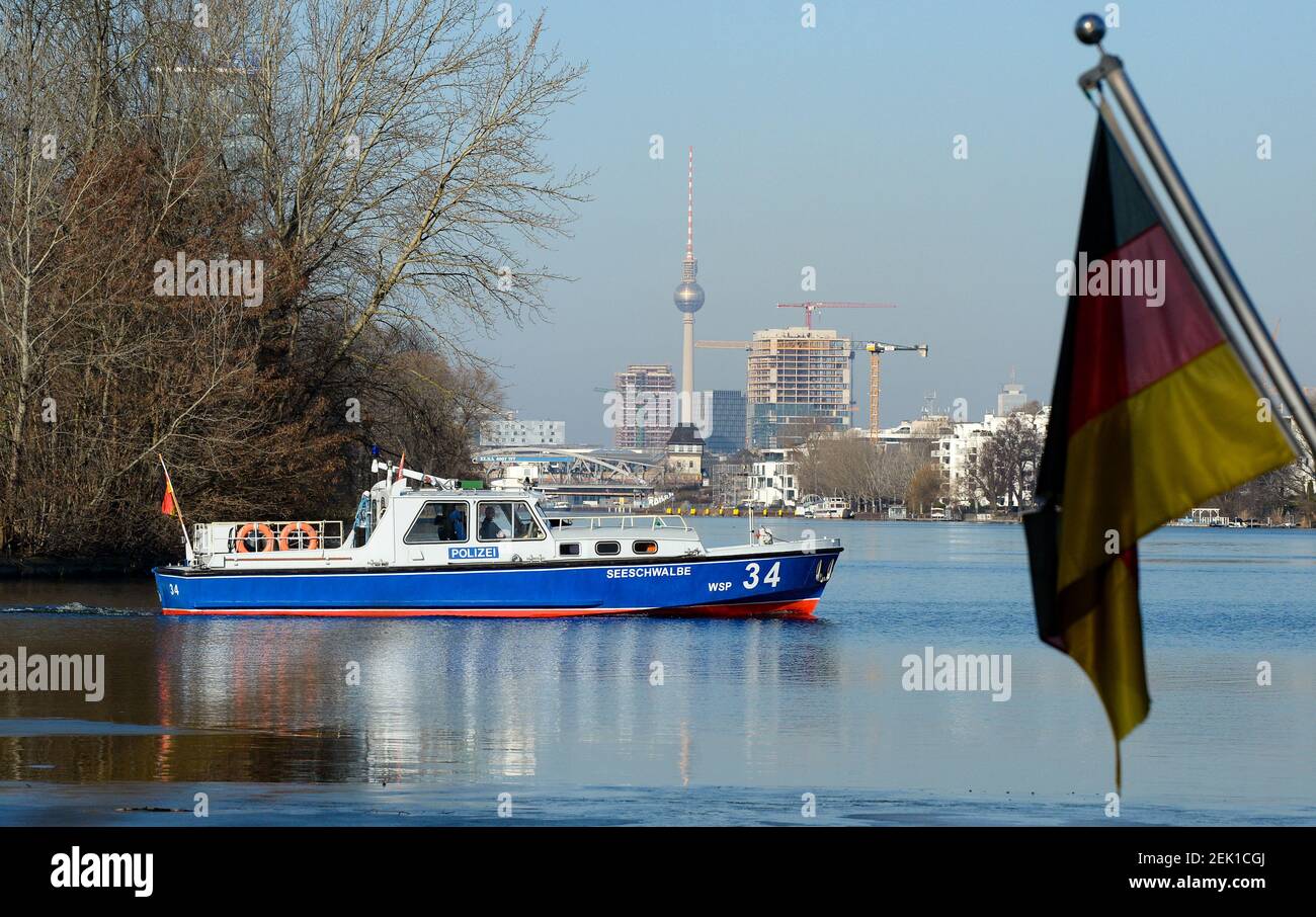 Berlin, Germany. 22nd Feb, 2021. The police boat 'Seeschwalbe' of the water police on the river Spree. Credit: Jens Kalaene/dpa-Zentralbild/ZB/dpa/Alamy Live News Stock Photo