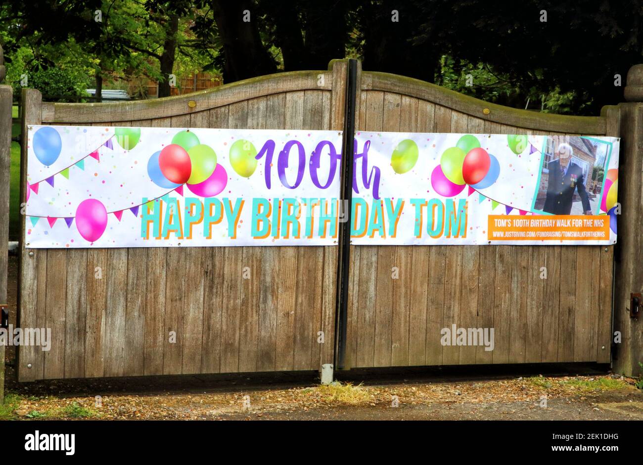 Large Banner on the gates of Captain Tom's house, The Old Rectory during the covid19 pandemic Large Banner on the gates of Captain Tom's house, The Old Rectory during the covid19 pandemic