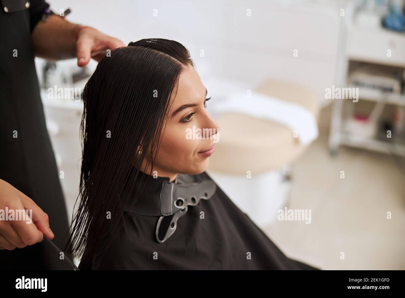Professional hairdresser working on his client hairstyle Stock Photo