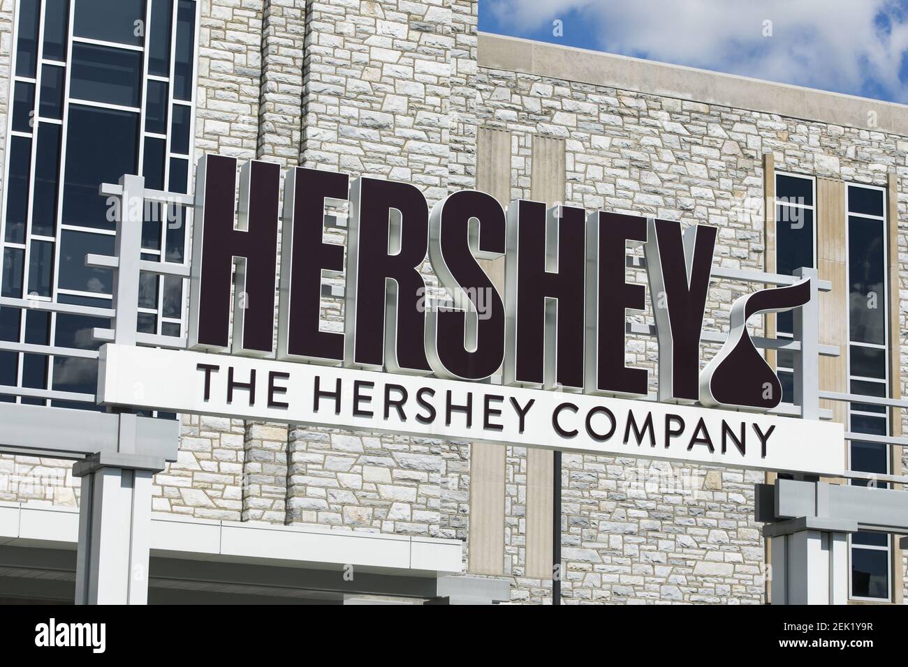 A logo sign outside of the headquarters of The Hershey Company (Hershey