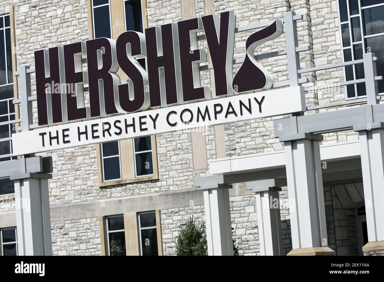A logo sign outside of the headquarters of The Hershey Company (Hershey