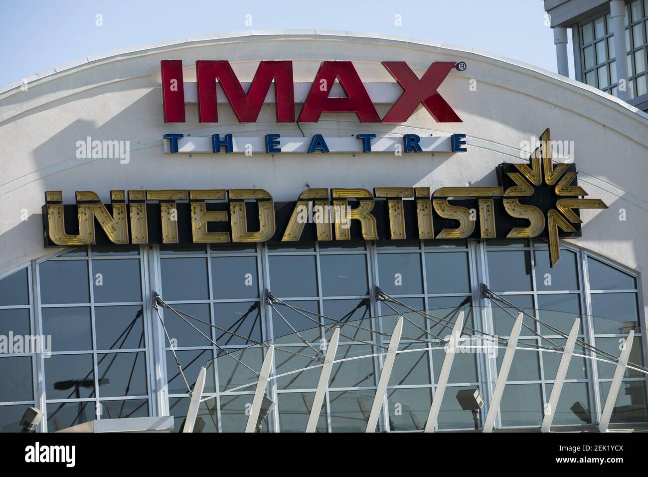 A logo sign outside of a United Artists movie theater location in King