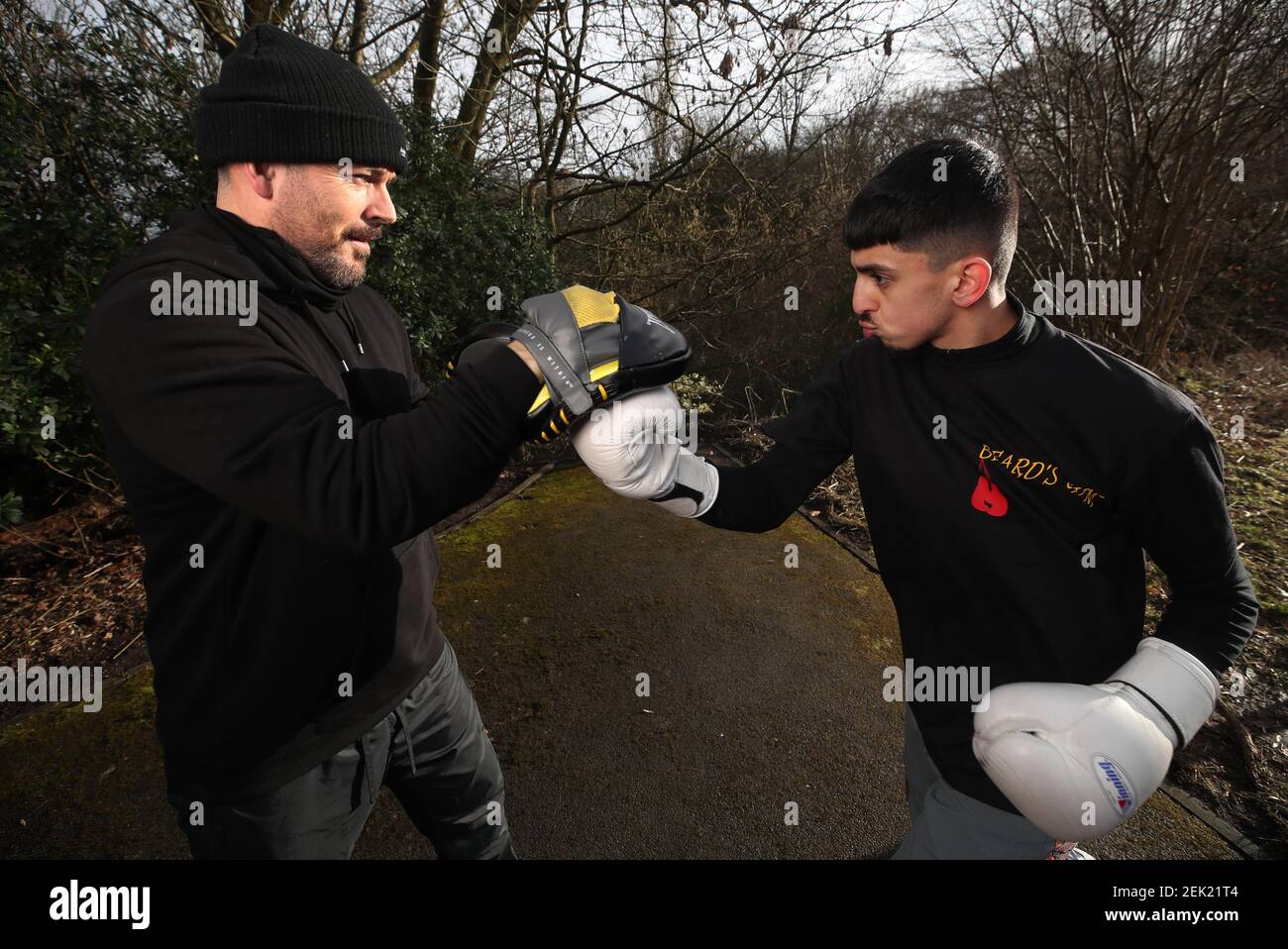 Boxer Raheem Mohammed from Telford trains at Vernon Park, Stockport. Due to  Covid-19 restrictions he is unable to train at his usual gym, owned by  manager and Trainer, Lee Beard (left), and