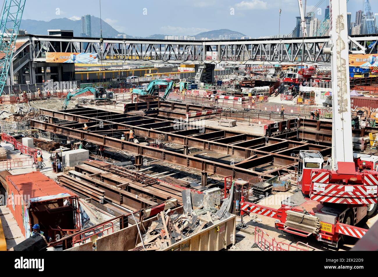 An aerial view of workers are busy at constructing Exhibition Center ...