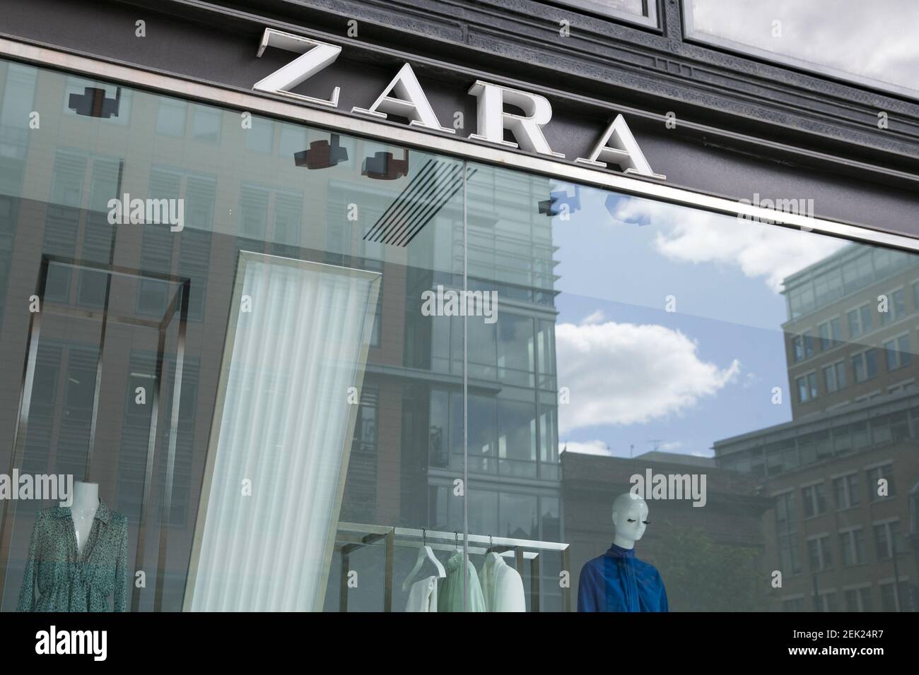 A logo sign outside of a Zara retail store location in Washington, D.C., on  May 9, 2020. (Photo by Kristoffer Tripplaar/Sipa USA Stock Photo - Alamy