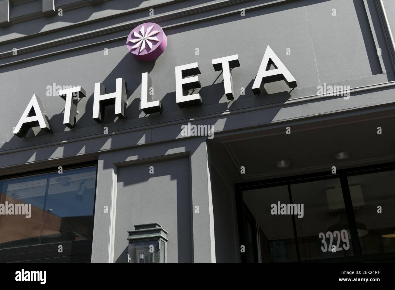 A logo sign outside of a Athleta retail store location in Washington, D.C., on May 9, 2020