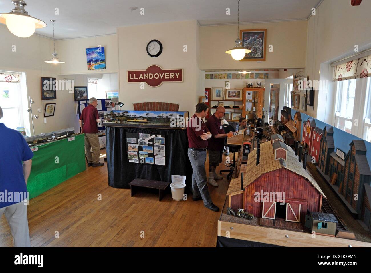 A display of model railway layouts in the cafe at Llandovery Station, Heart of Wales Line Stock Photo