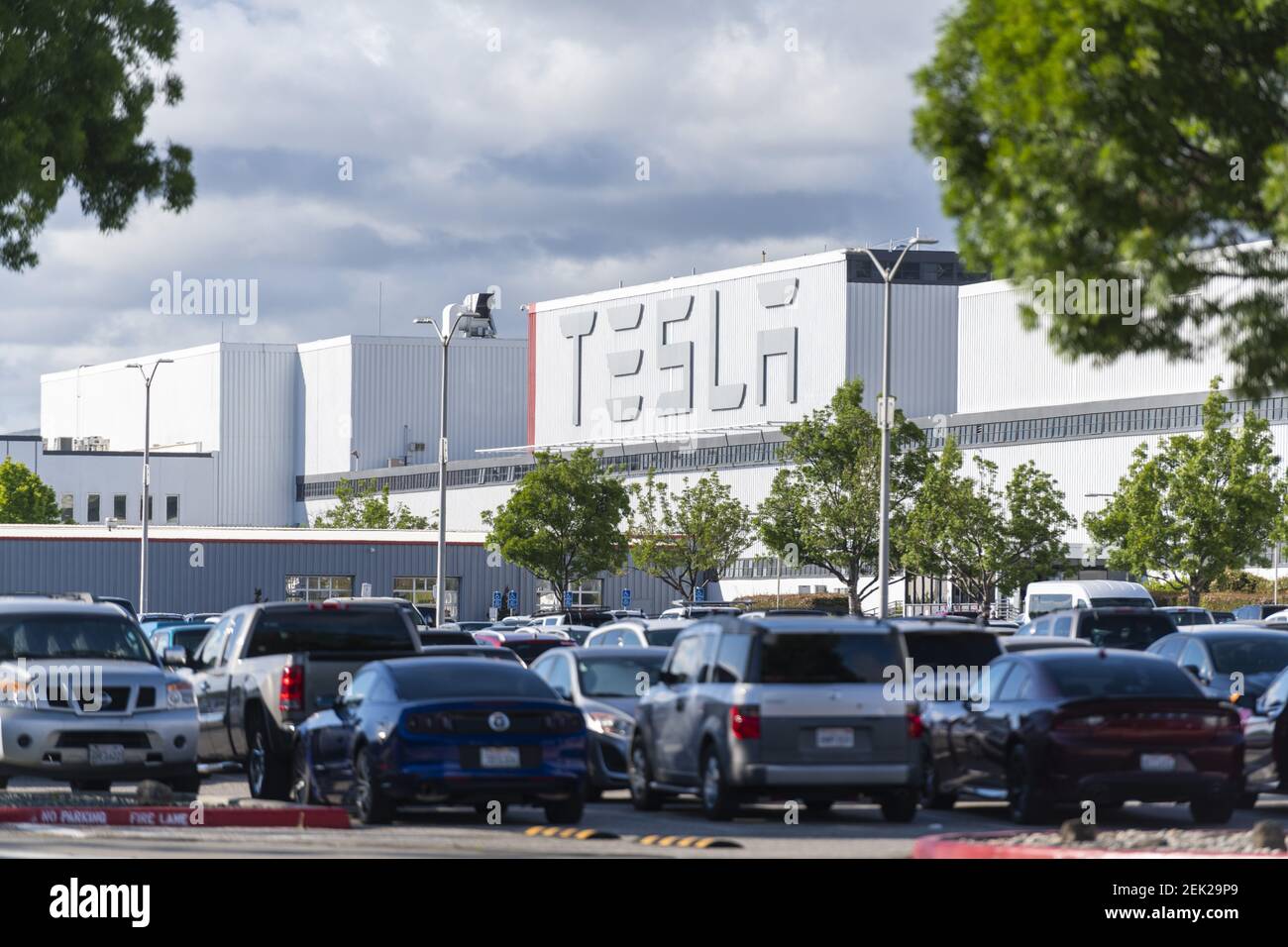 Tesla employee parking lot is seen full of cars at the Tesla Factory in