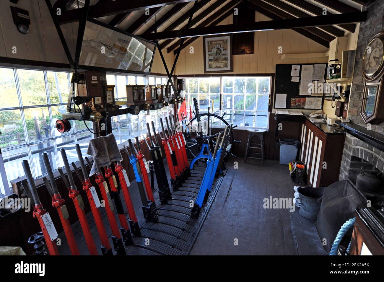 The former Llandybie station signal box from the Heart of Wales line, now in operation at the Gwili heritage railway, Carmarthenshire Stock Photo