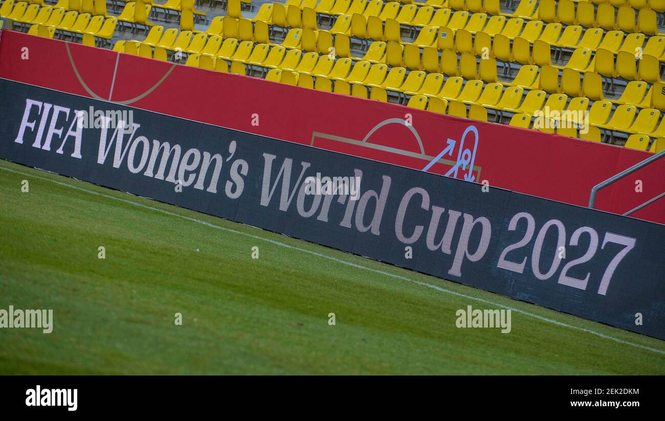 Lettering of 'Aû FIFA Womens World Cup 2027' Aû on a board, application,  logo, football Laenderspiel women, mini-tournament - Three Nations. One  Goal, Germany (GER) - Belgium (BEL), on February 21, 2021