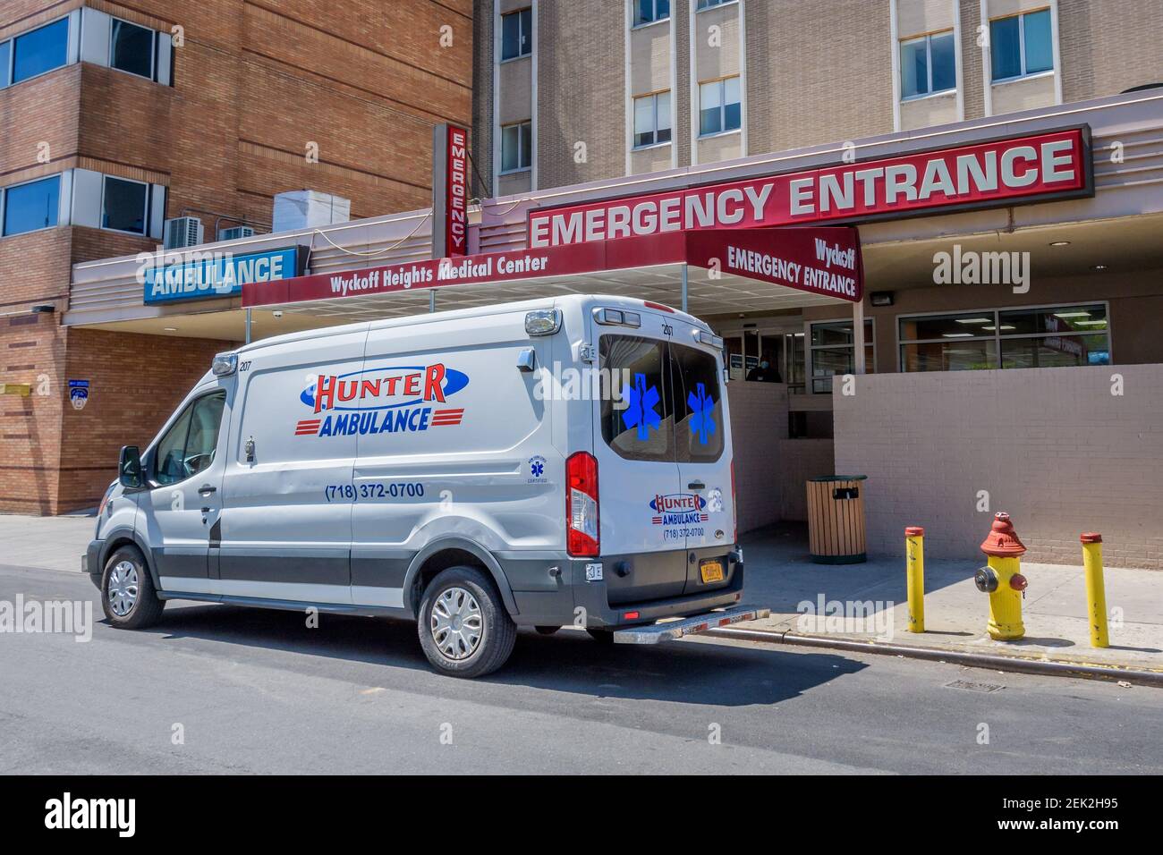 Ambulance outside the emergency entrance at Wyckoff Hospital in