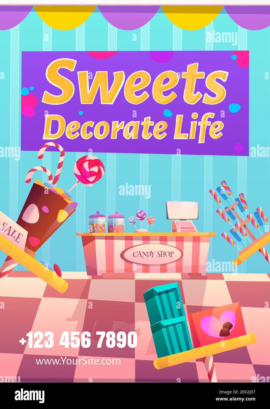 Candy shop flyer. Sweets decorate life concept. Vector poster with