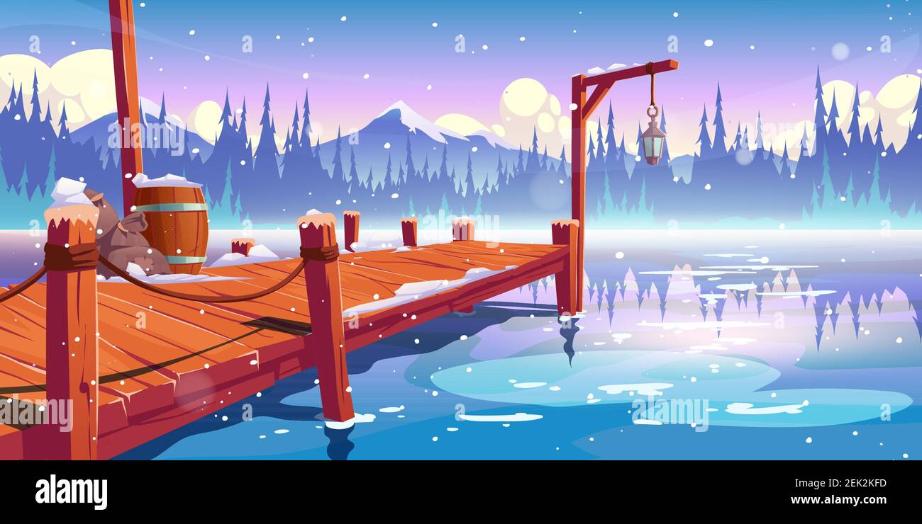Wooden pier on winter lake, pond or river landscape, wharf with ropes, lantern, barrel and sacks on mountains background with clouds, spruces and snowflakes fall on water. Cartoon vector illustration Stock Vector