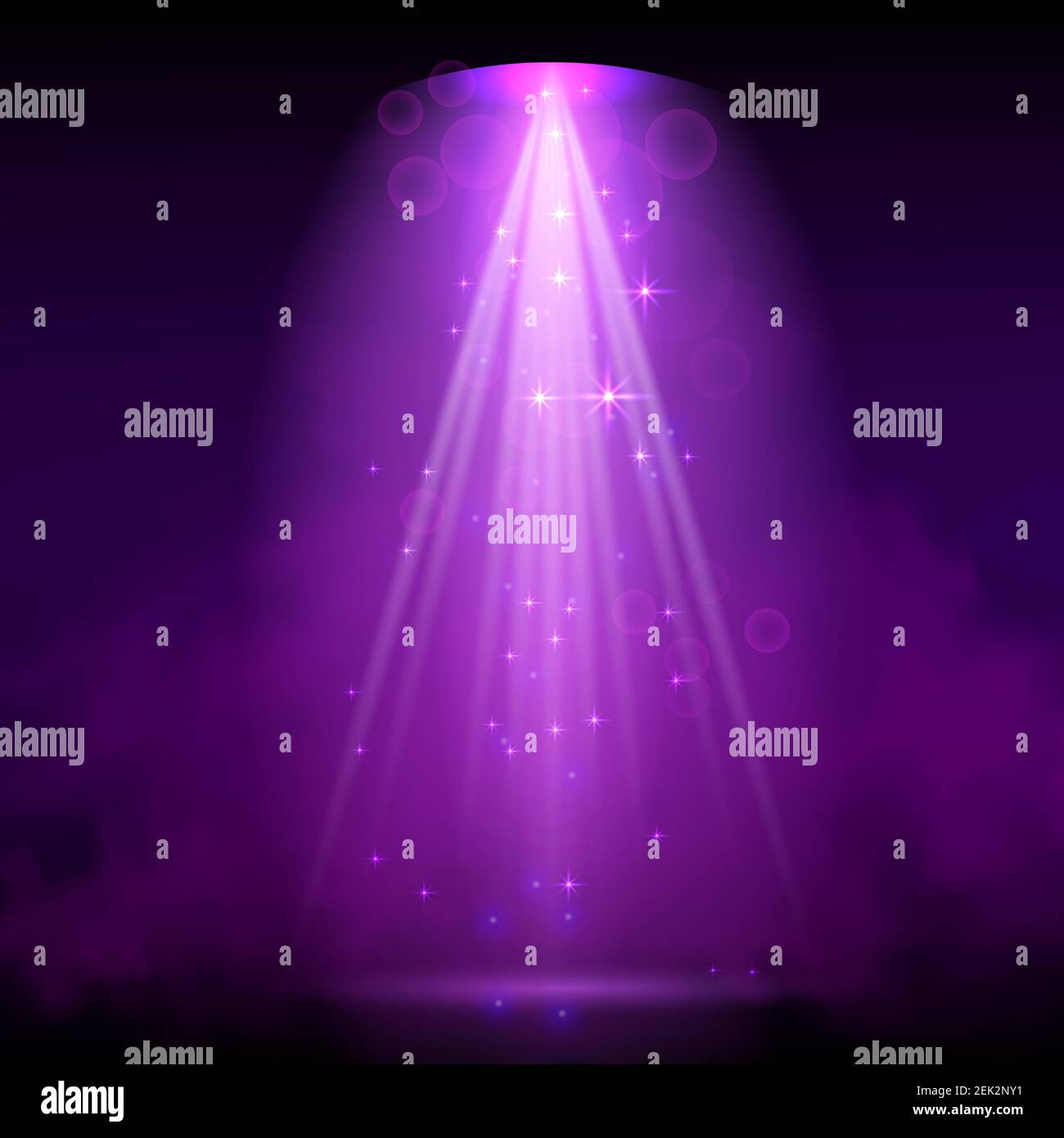 Purple spotlight. Bright lighting with spotlights of the stage with purple dust on dark background Stock Vector