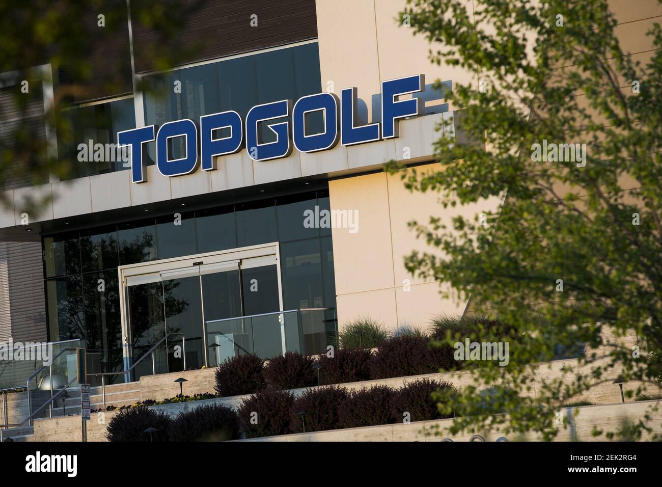 A logo sign outside of Topgolf location in Ashburn, Virginia on May 13