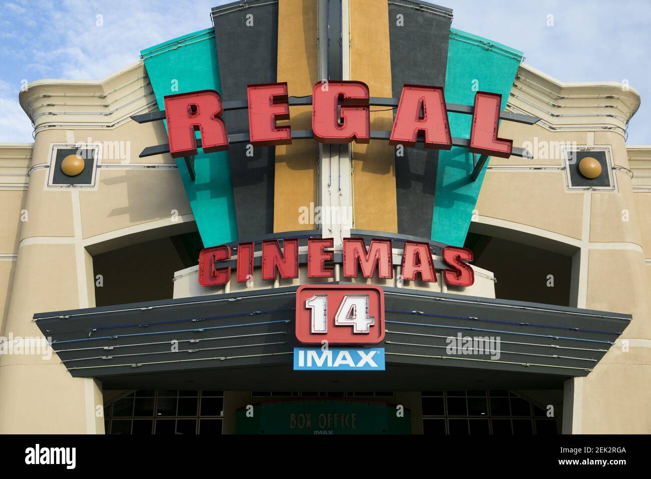 A logo sign outside of a Regal Cinemas movie theater location in Richmond,  Virginia on May 13, 2020. (Photo by Kristoffer Tripplaar/Sipa USA Stock  Photo - Alamy