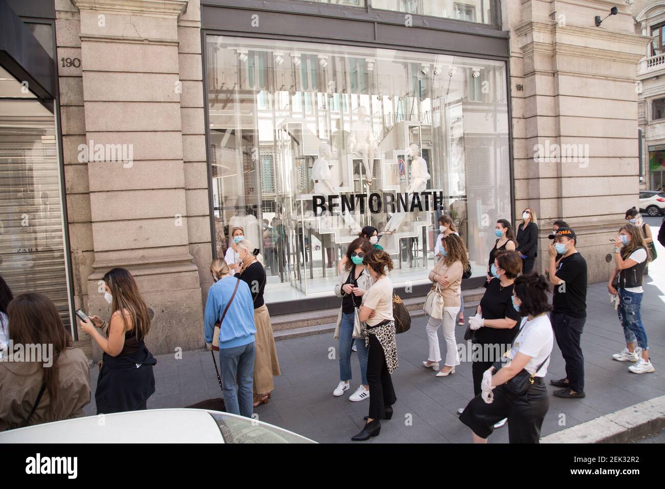 People lined up in front of Zara store in Via del Corso in Rome, Italy on  May 18, 2020. The clothing stores have reopened, with the safety measures  they must respect for