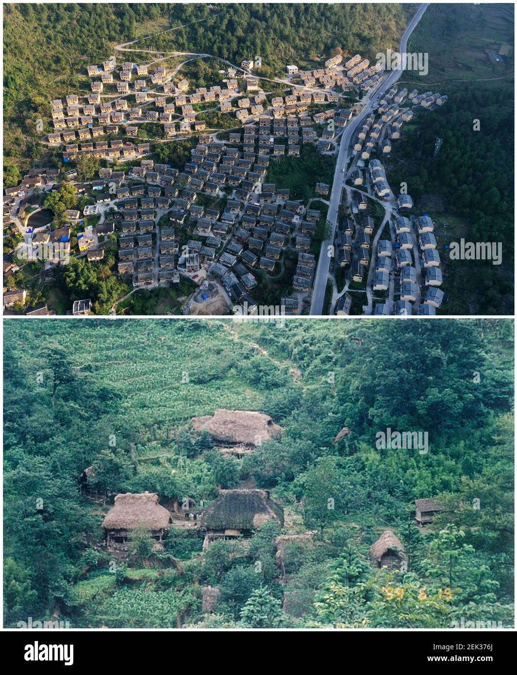 Beijing, China. 23rd Feb, 2021. In this combo photo, the upper aerial photo taken by Yang Wenbin on Nov. 5, 2019 shows the new resettlement area for ecological immigrants in Yaoshan Township; and lower part file photo shows the old thatched house in Yaoshan Township of Libo County, southwest China's Guizhou Province. Credit: Xinhua/Alamy Live News Stock Photo