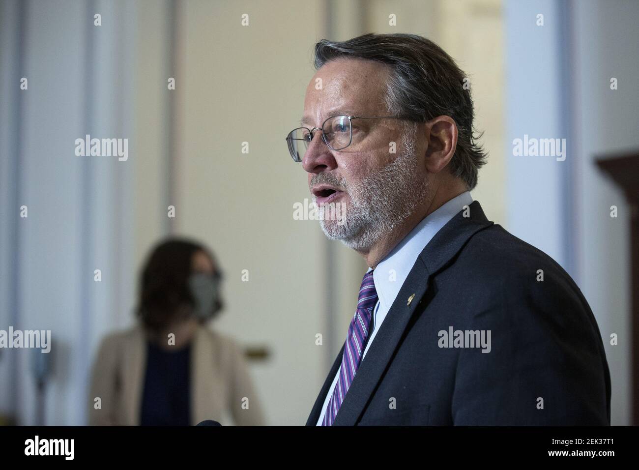 United States Senator Gary Peters (Democrat of Michigan) speaks to members of the media following a U.S. Senate Committee on Homeland Security and Governmental Affairs meeting in the Senate Russell Office Building in Washington D.C., U.S., on Wednesday, May 20, 2020, to consider a motion to issue a subpoena to Blue Star Strategies. Credit: Stefani Reynolds / CNP/Sipa USA Stock Photo