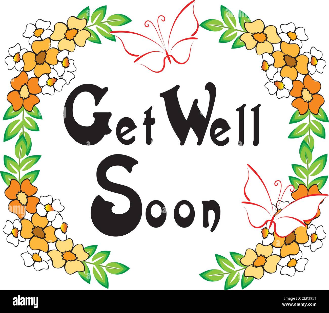 get well soon with vector flowers border design Stock Photo