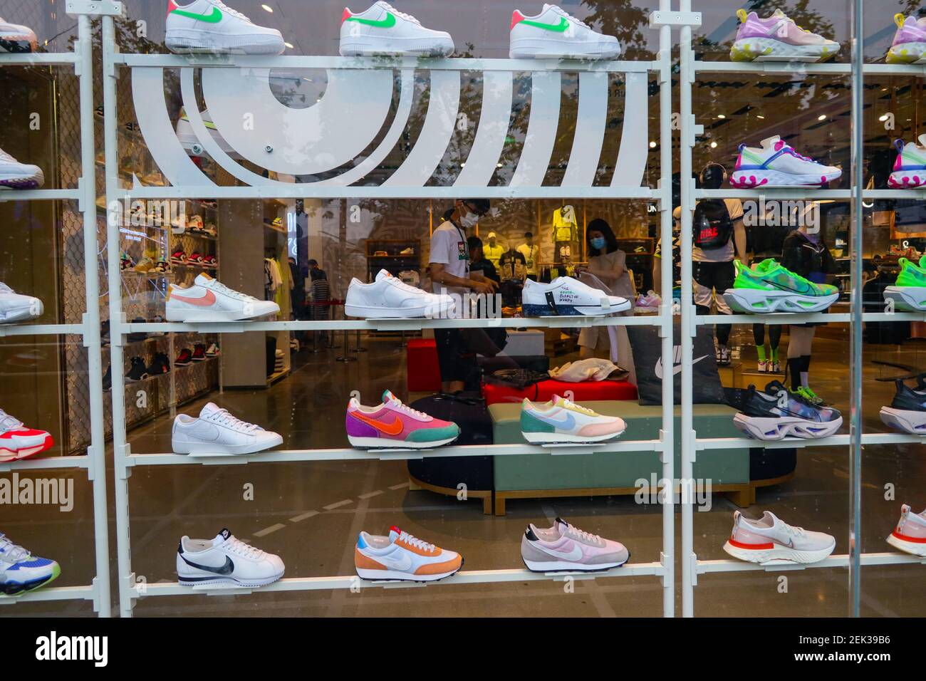 Shoes are displayed at the Nike Kicks Lounge L1 2.0 experience store in Hangzhou city, east China's Zhejiang province, 20 2020. (Photo by Zhan Yu/ChinaImages/Sipa USA Stock Photo - Alamy