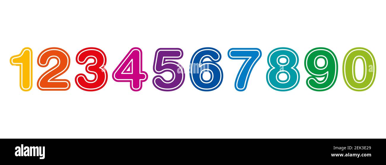 Rainbow colored numbers, from one to zero, with a white outline. Ten colorful numerals in a row, bold, rounded and with a thin white line at the edge. Stock Photo
