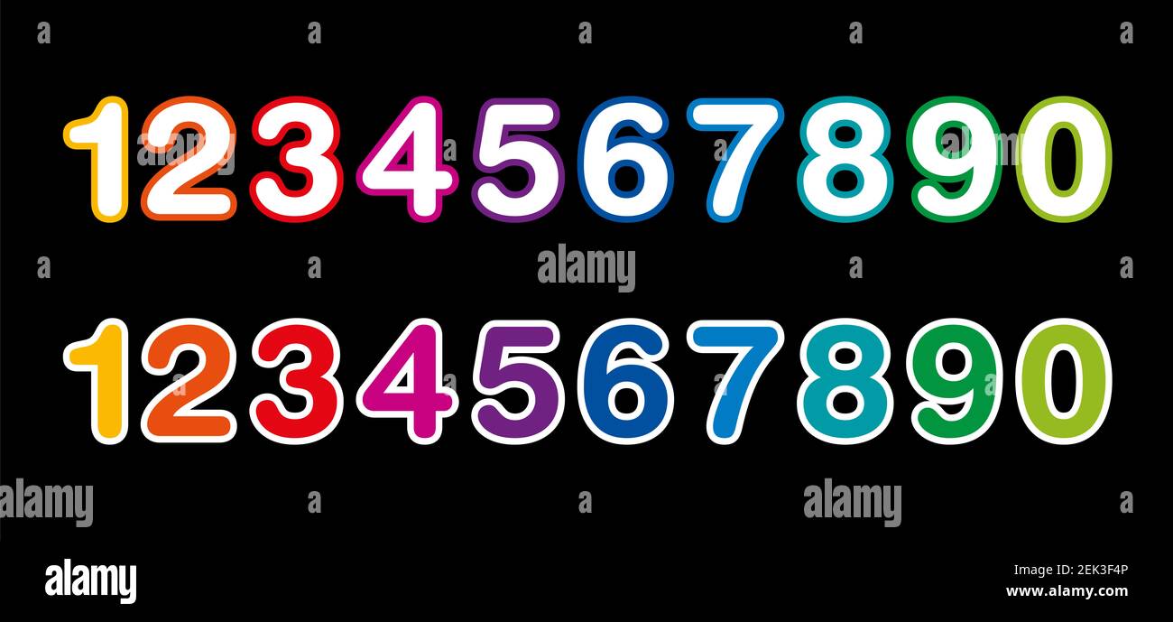 Rainbow colored numbers from one to zero, on a black background. Two rows of ten colorful numerals, bold, rounded and with a thin line at the edge. Stock Photo