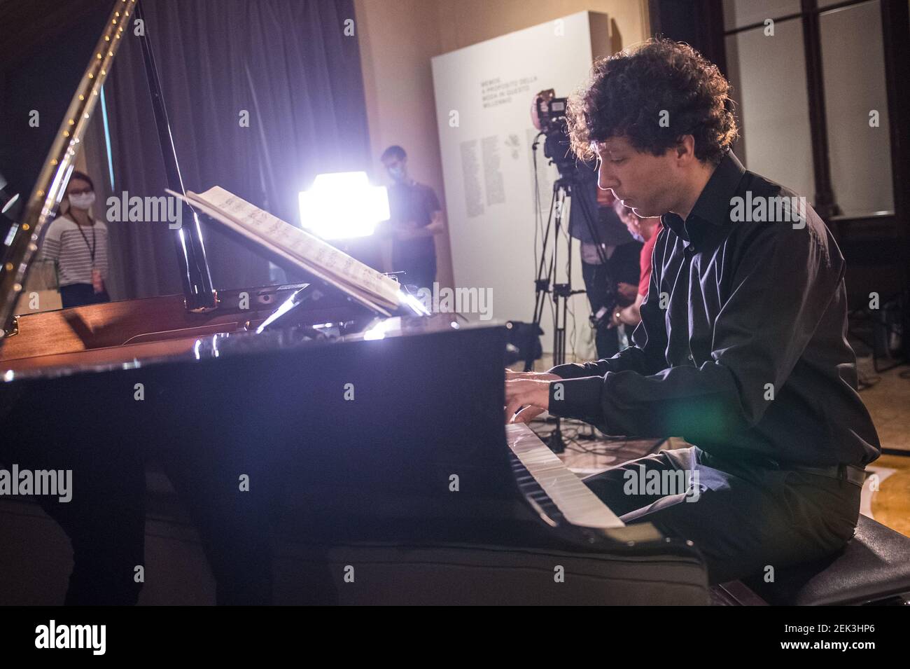The Italian conductor and musician Michele Gamba performs in the live  streaming of Piano City Milano 2020 from one of the rooms of the Poldi  Pezzoli Museum. Milan (Italy). May 23rd, 2020 (