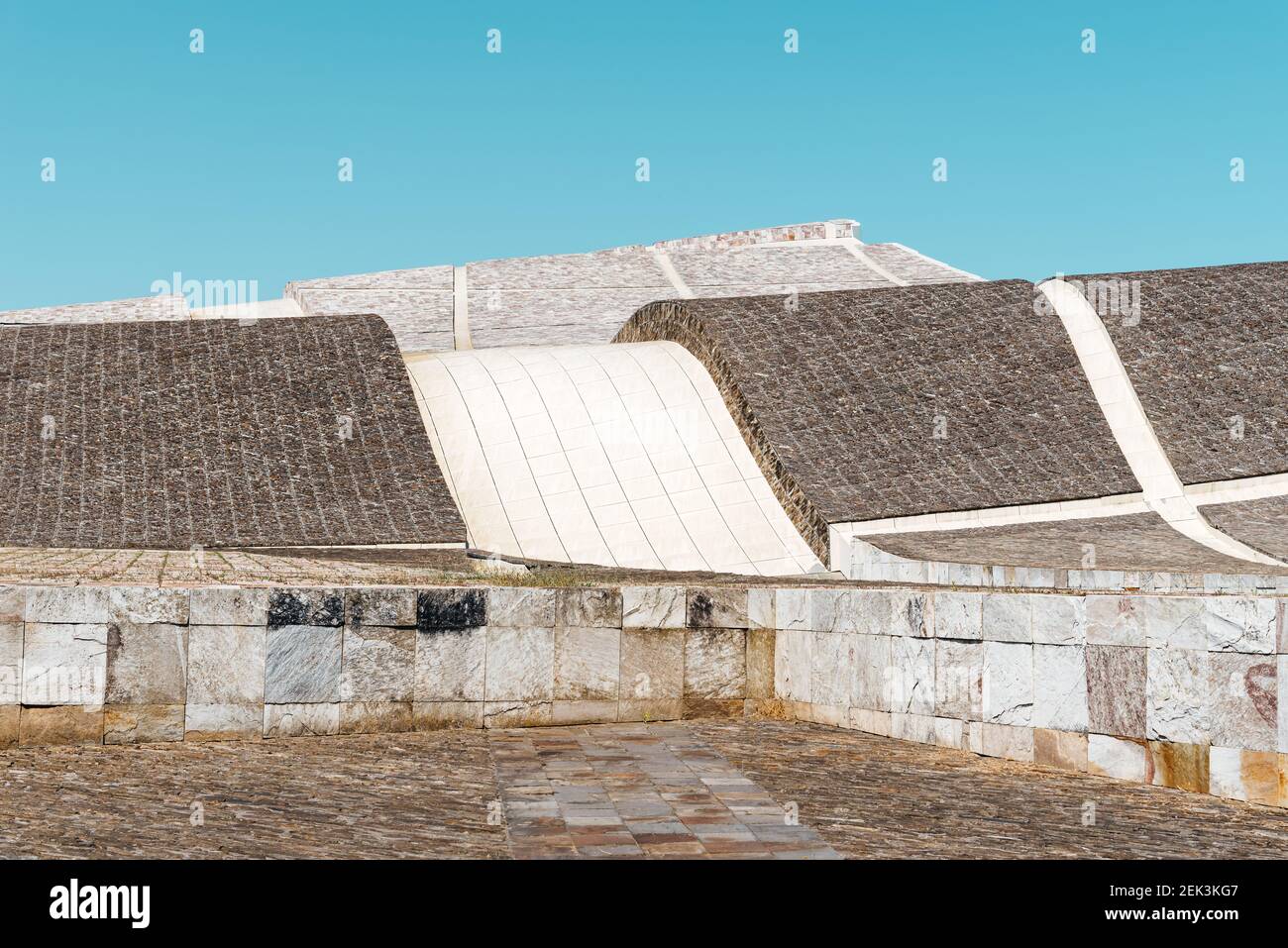 Santiago de Compostela, Spain - July 18, 2020: View of City of Culture of Galicia. Situated on the top of mount Gaias as a architectural milestone. De Stock Photo