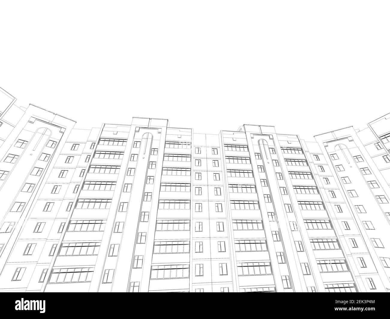 The outline of a multistorey residential building. Bottom view. 3D