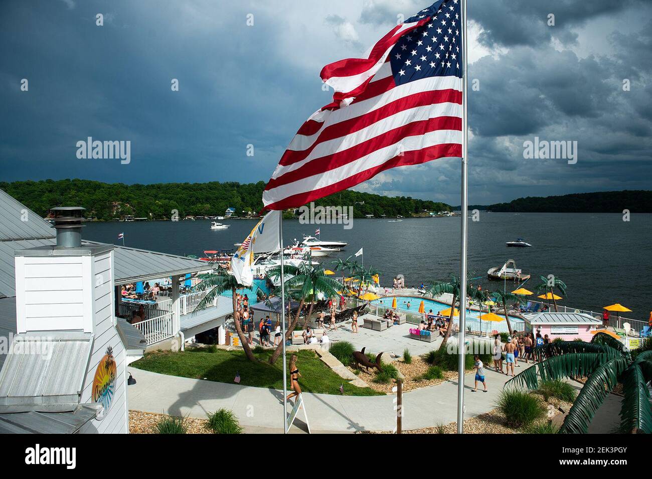 Crowds of people gather at Coconuts Caribbean Beach Bar & Grill in Gravois Mills, Missouri