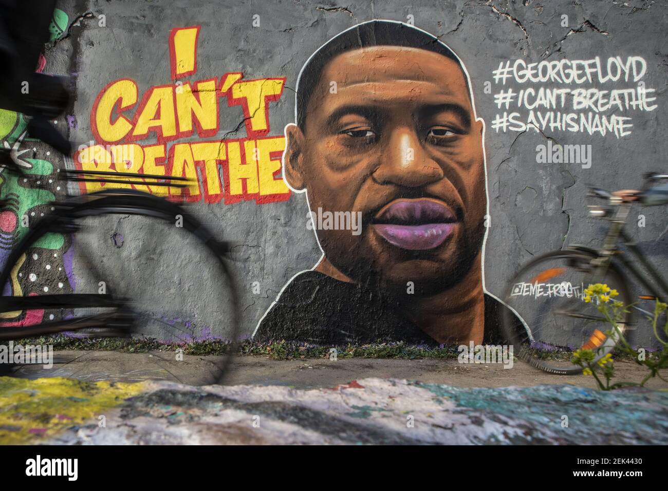 A mural of George Floyd painted by the artist eme freethinker on a wall at  Mauerpark in Berlin, Germany, May 30, 2020. The 46-year-old  African-American, died on May 25, 2020 after a