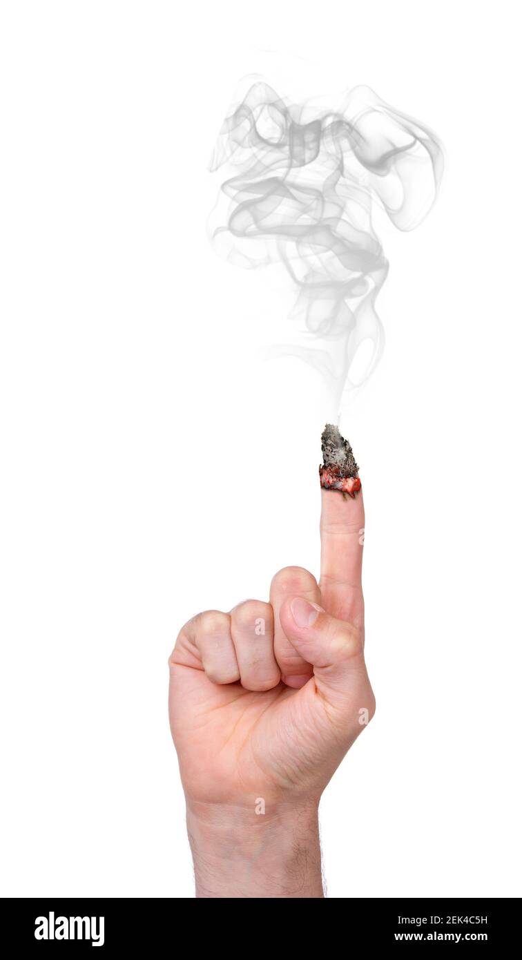 Burning finger pointing up, isolated on white background Stock Photo