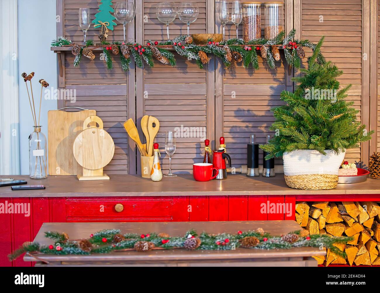 Part of the kitchen interior with Christmas decorations Stock Photo - Alamy
