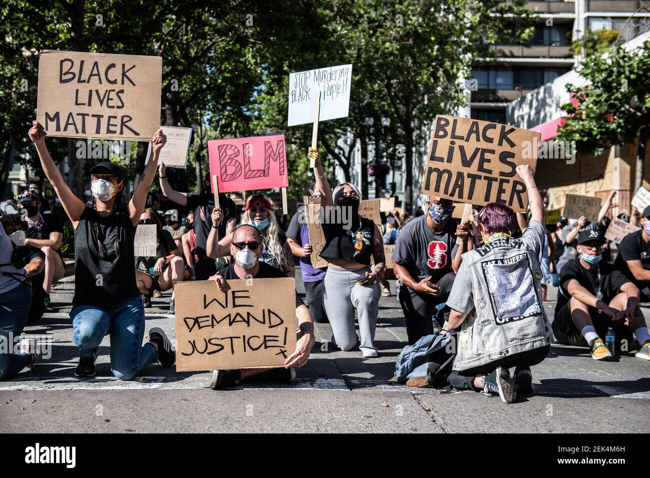 Two Protestors OAKLAND, CA- JUNE 2: Protestors demonstrate near the Oakland Police ...