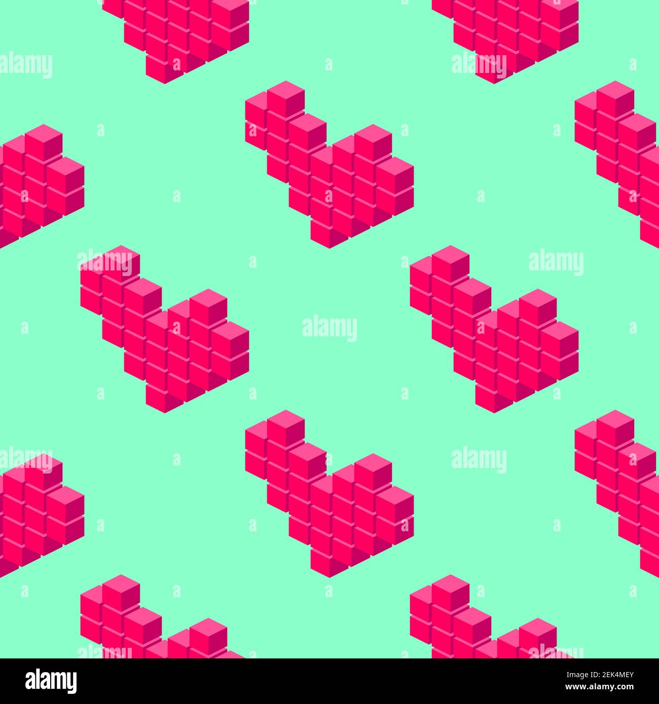 Isometric pixel hearts seamless pattern on light green background. Stock Vector