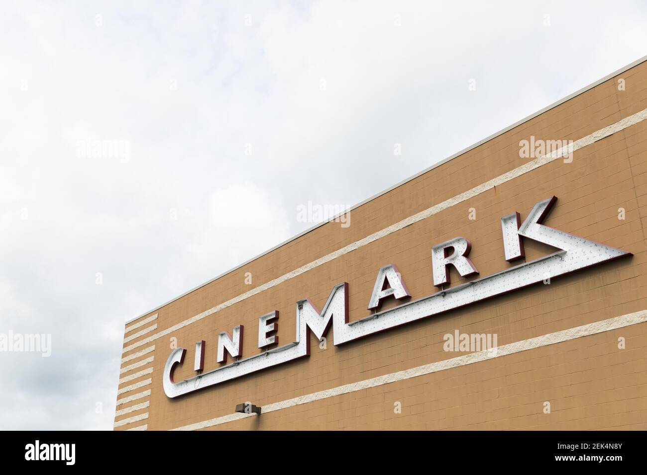 A logo sign outside of a Cinemark movie theater location in Bridgeport