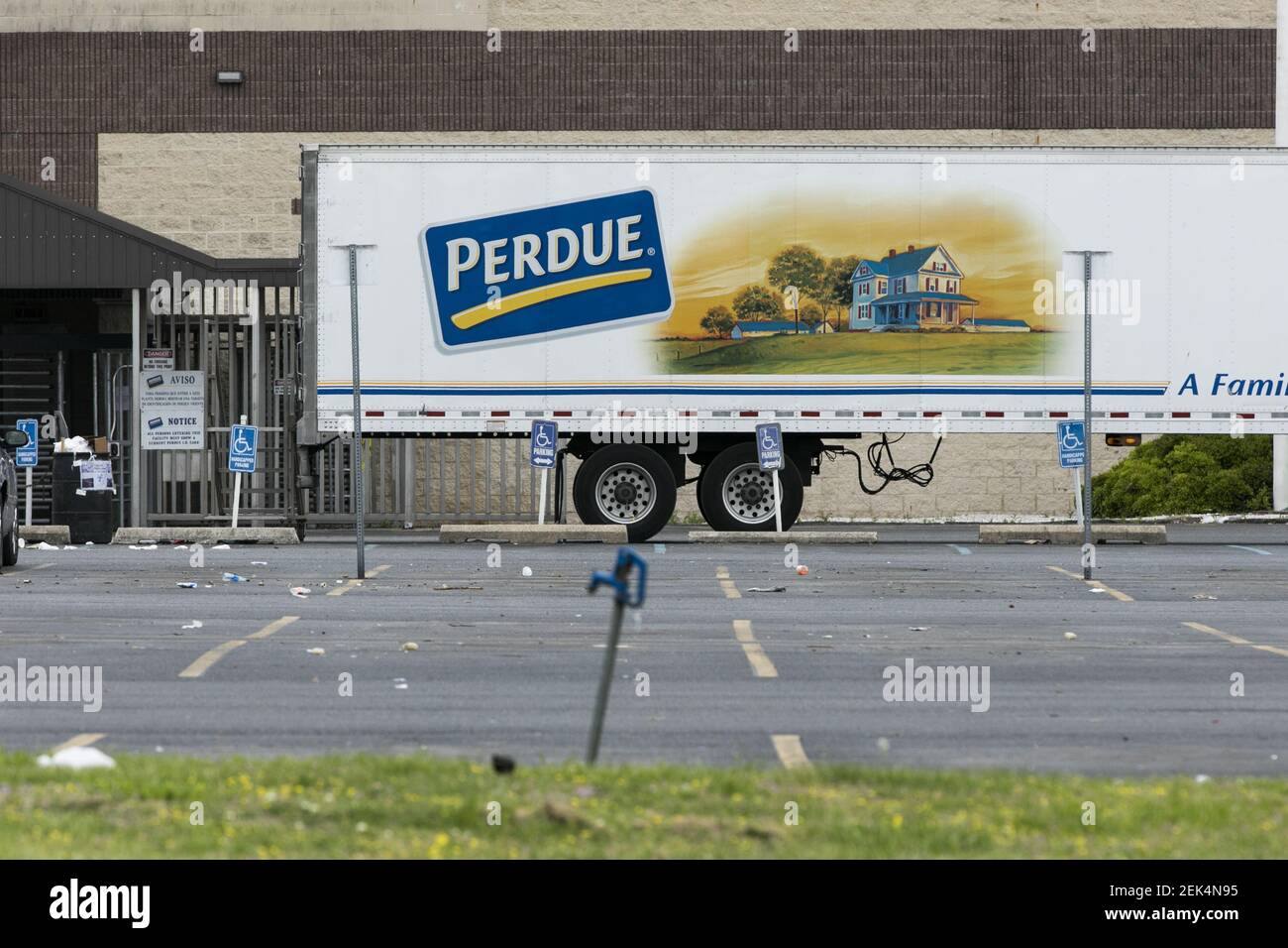 A logo sign outside of a Perdue Farms poultry processing plant in Milford, Delaware on May 25