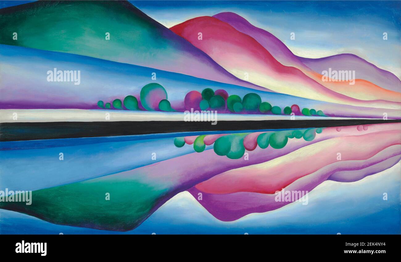 Georgia O'Keeffe artwork entitled Lake George Reflection. Abstract avant garde portrait of lake and mountains. Vibrant and full of colour. Colourful. Stock Photo
