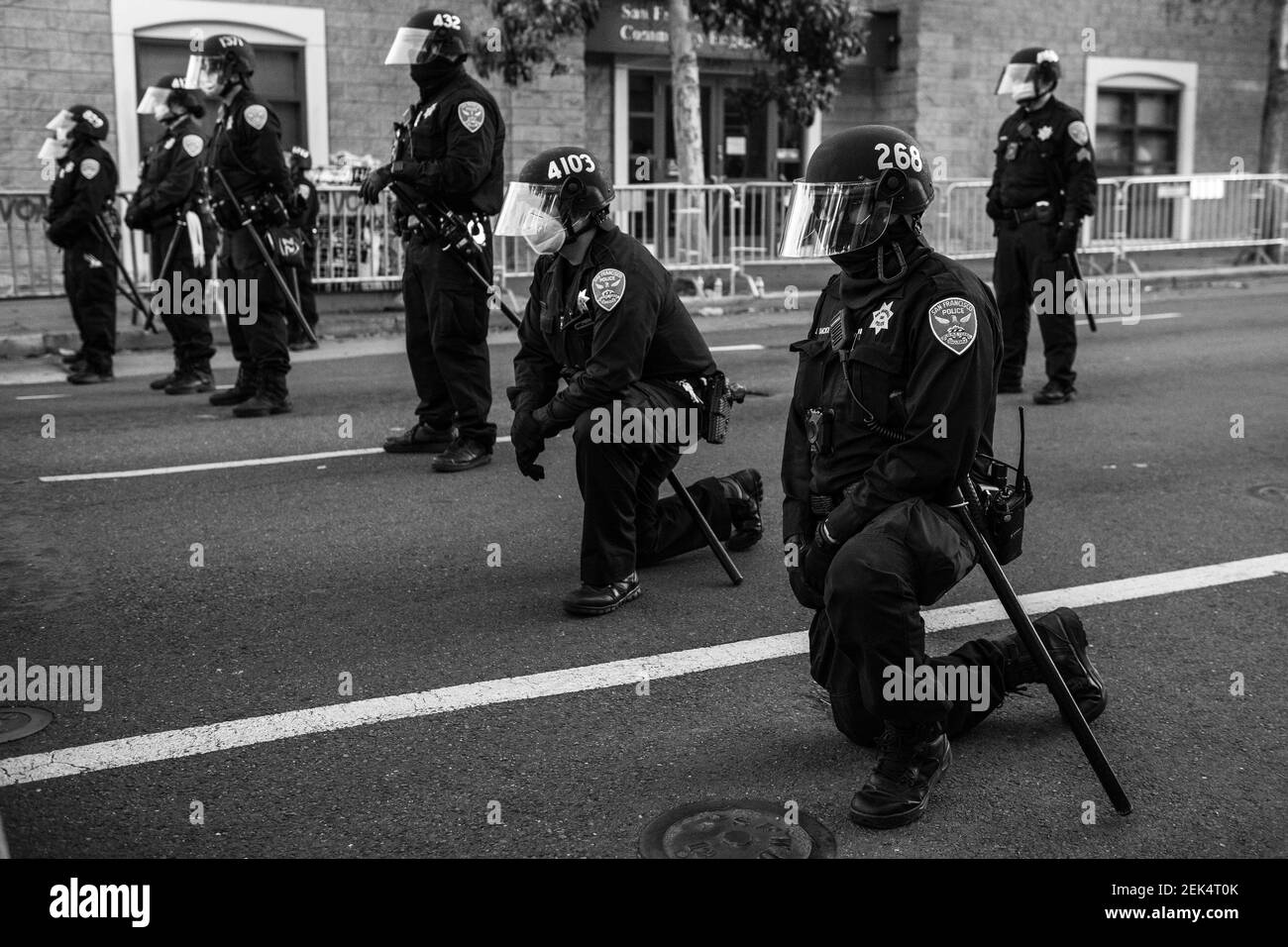 SAN FRANCISCO, CA- JUNE 3: San Francisco Police Officers kneel at ...
