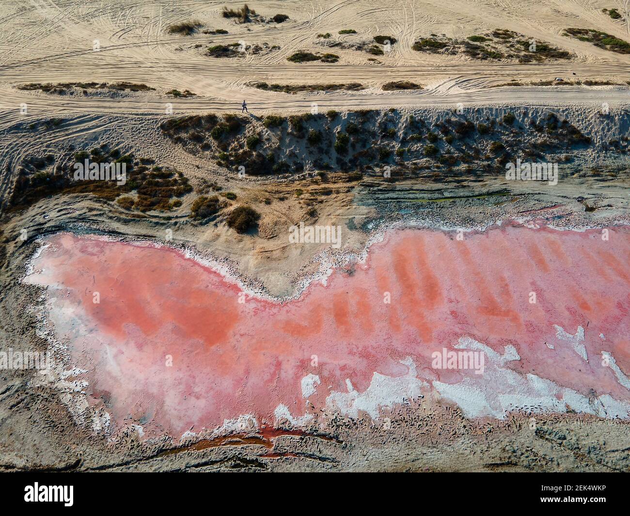 Pink lake in Ras al Khaimah surrounded by seaside and creek water, desert sand dues and mountains mountains in the United Arab Emirates offering uniqu Stock Photo