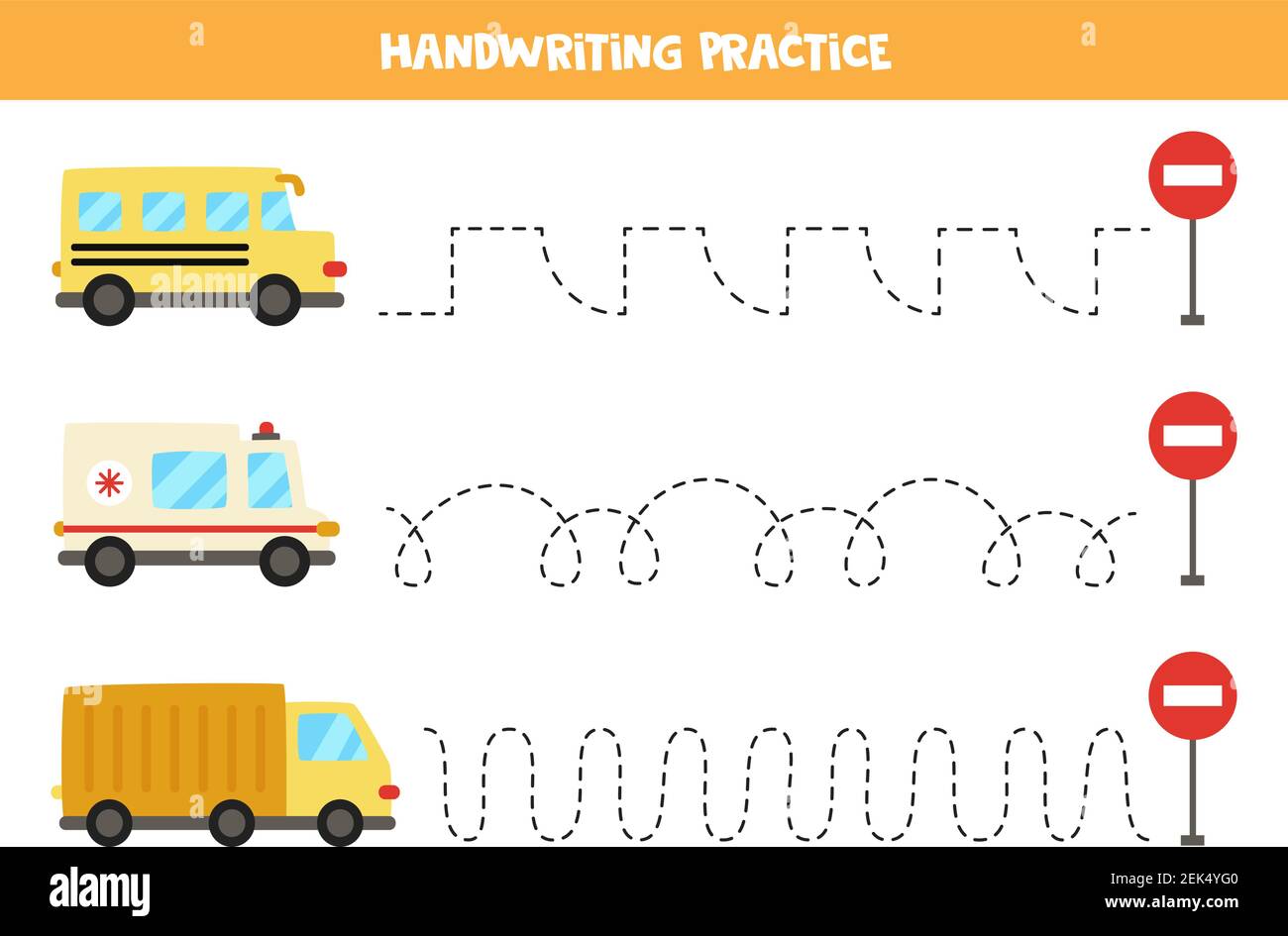 Tracing lines for kids with cartoon school bus, ambulance car, truck