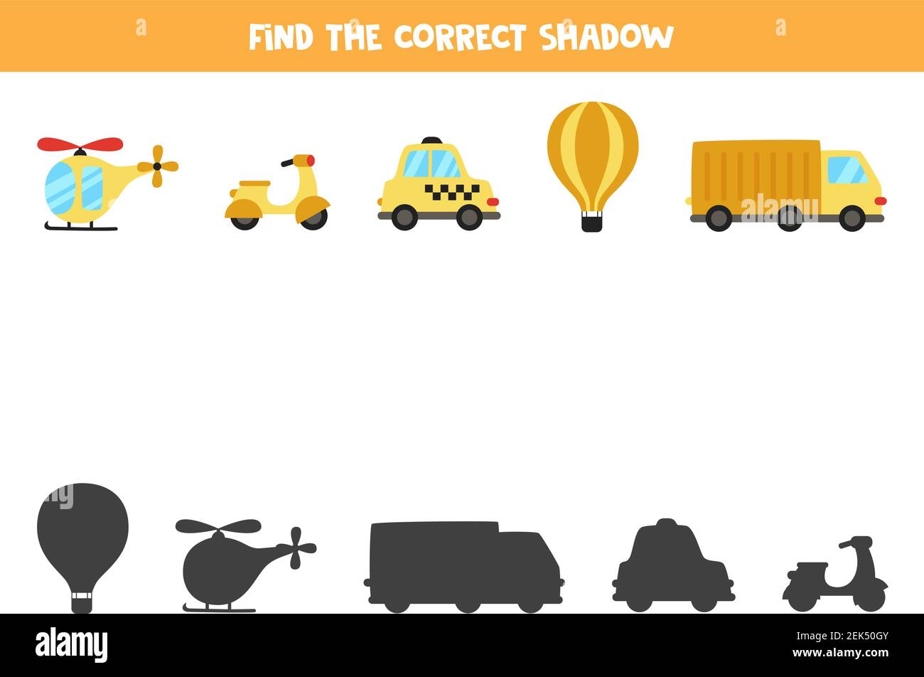 Find the correct shadow of transportation means. Educational logical game for kids. Stock Vector