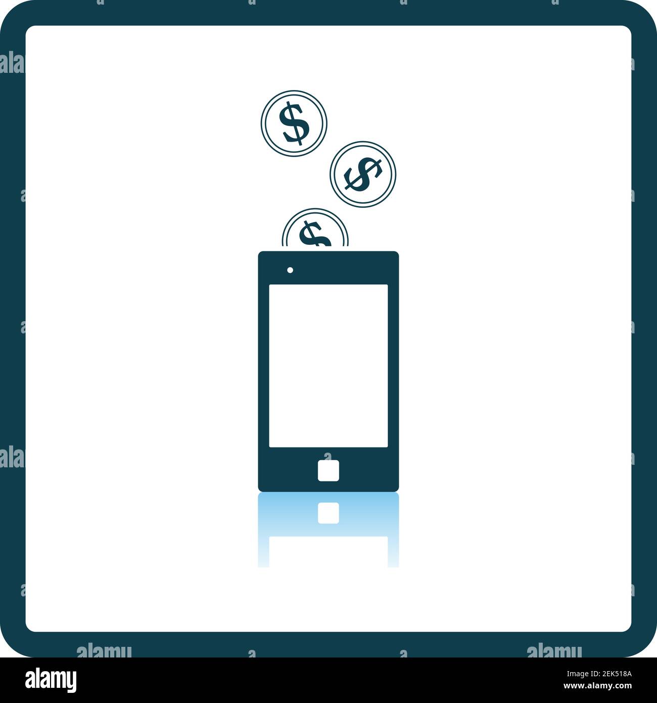 Golden Coins Fall In Smartphone Icon. Square Shadow Reflection Design. Vector Illustration. Stock Vector