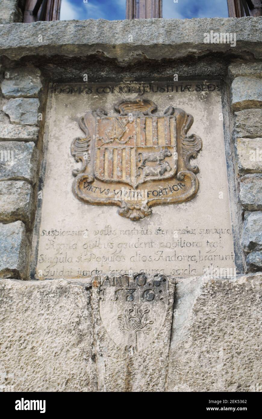 The historical Casa de la Vall, a 16th-century building in the heart of Andorra la Vella featuring the country's new, currently used coat of arms. Stock Photo