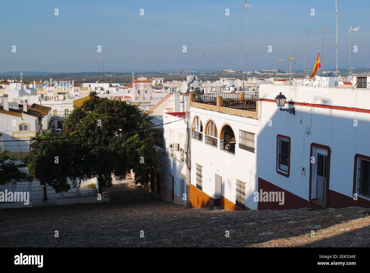 A quiet residential part of Ayamonte, Spain, with typican Andalusian whitewashed houses. Stock Photo
