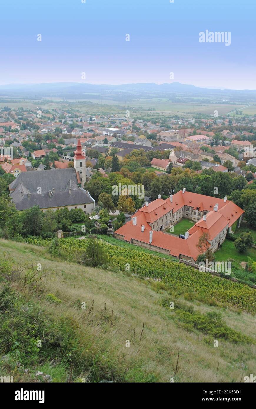 The Franciscan Church and the Episcopial Palace seen from the castle, Sümeg, Hungary. Stock Photo