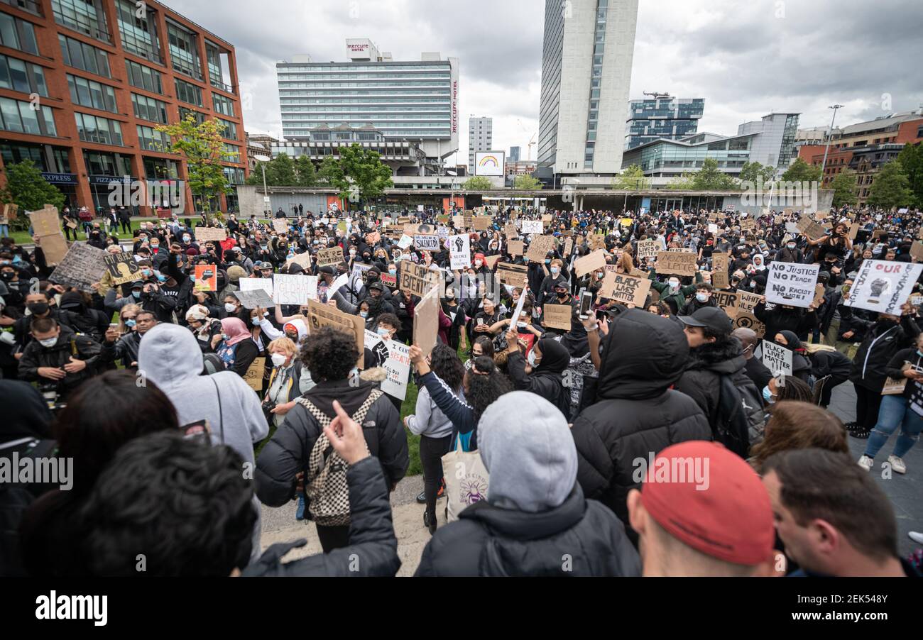 Protesters march through the streets during the demonstration. Thousands of people attend the most recent 'Black Lives Matter' protest in Manchester's city centre following the death of George Floyd in the USA. (Photo by Kenny Brown / SOPA Images/Sipa USA)  Stock Photo