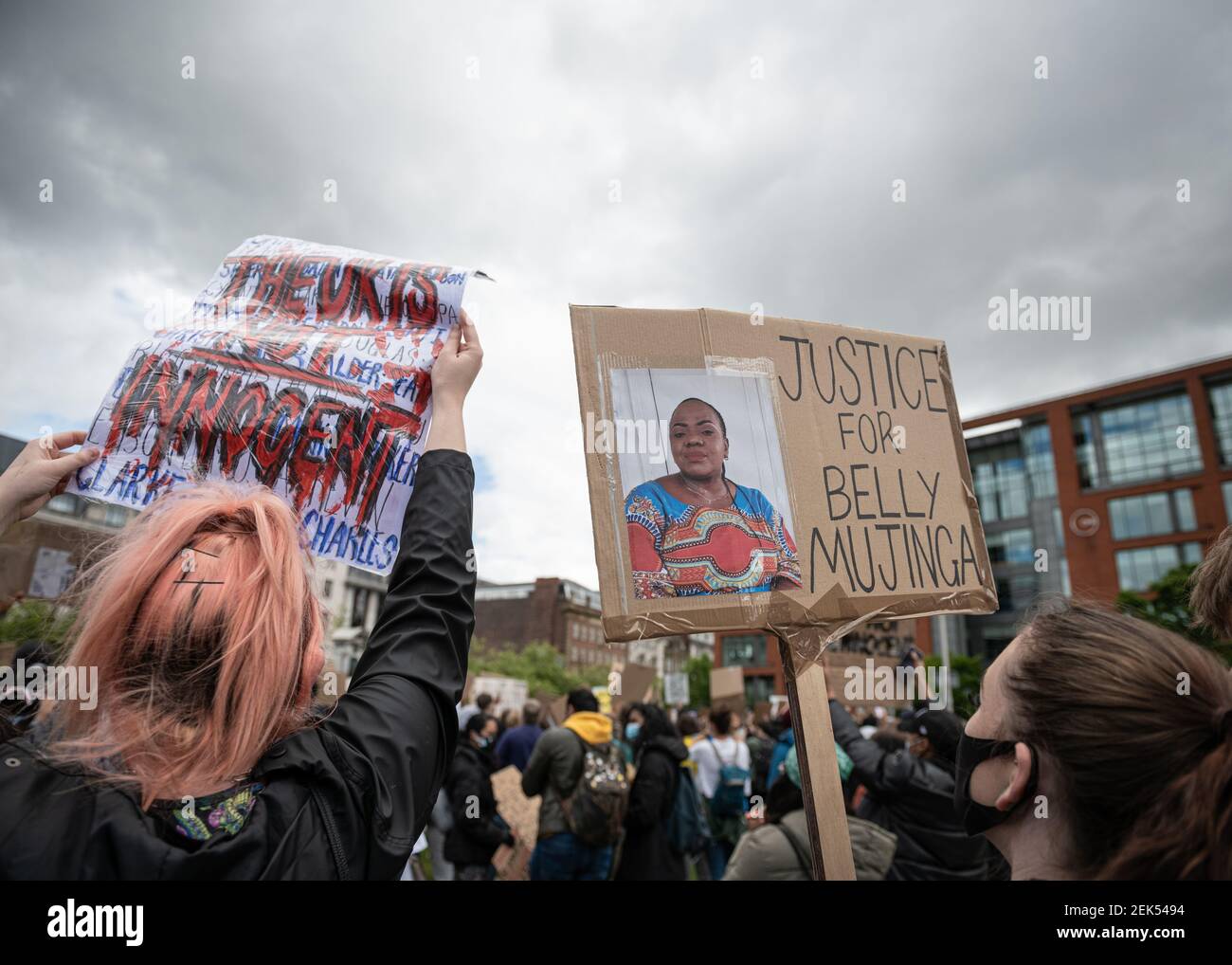 A protester holds a placard demanding justice for Belly Mujinga during the demonstration. Thousands of people attend the most recent 'Black Lives Matter' protest in Manchester's city centre following the death of George Floyd in the USA. (Photo by Kenny Brown / SOPA Images/Sipa USA)  Stock Photo