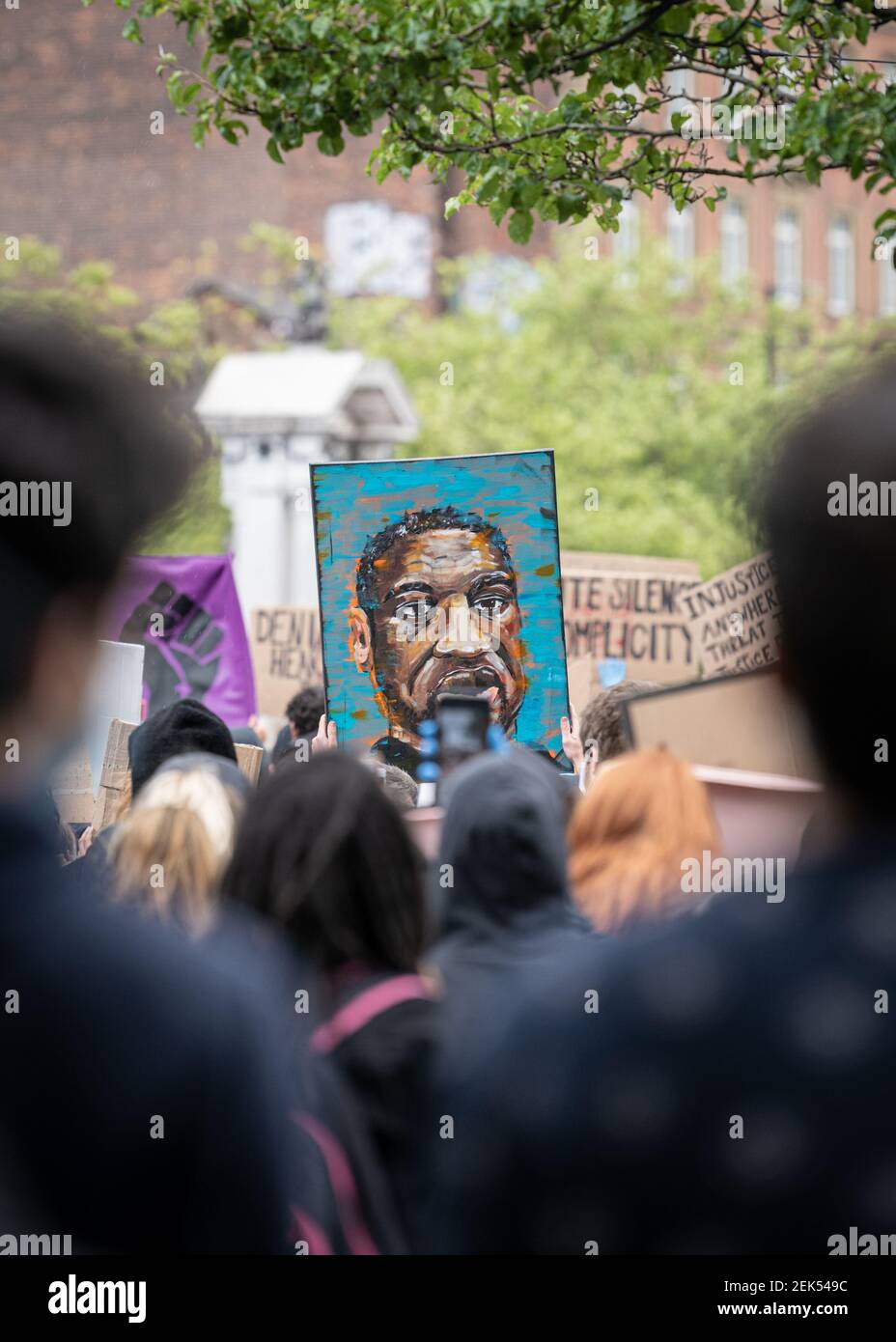 A painting of George Floyd seen during the demonstration. Thousands of people attend the most recent 'Black Lives Matter' protest in Manchester's city centre following the death of George Floyd in the USA. (Photo by Kenny Brown / SOPA Images/Sipa USA)  Stock Photo